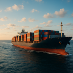 Cargo Ship at Sunset on Ocean